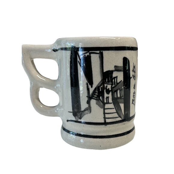 Vintage Hand-Painted Ceramic Mug Double Handle 12 oz With Black & White Artwork - Picture 1 of 5